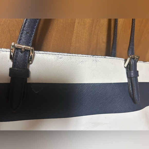 Rehab Michael Kors Jet Set Travel Stripe Navy Blue+White Saffiano Leather Tote - Picture 4 of 12